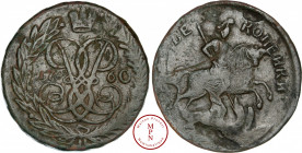 Élisabeth (1741-1762) 2 Kopecks, 1760, Ekaterinbourg, Av. Monogramme dans une couronne, Rv. Saint Georges terrassant le dragon, Bronze, TB, 20.29 g, 3...