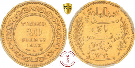 Protectorat Français de Tunisie, 20 Francs, 1903, A, Paris, Av. TUNISIE 20 FRANCS 1903 A, Rv. 1321, 300.023 ex., Or, SUP, PCGS AU58, 6.45 g, 21 mm, Le...