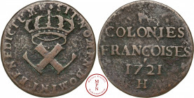 Louis XV (1715-1774), Nouvelle-France, 9 Deniers, 1721, H, La Rochelle, Av. COLONIES FRANCOISES 1721 H, Rv. SIT NOMEN DOMINI BENEDICTUM, Deux L croisé...