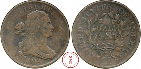 Half cent, 1804, plain 4, no steam, Av. LIBERTY 1804. Bust of Liberty right, Rv. UNITED STATES OF AMERICA / HALF CENT, Couronne, Cuivre, TB, 5.26 g, 2...