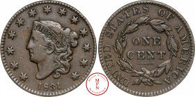 Large cent, 1831, Letters medium, Matron head, Av. Head left, Rv. UNITED STATES OF AMERICA / ONE CENT, Cuivre, TB+, 10.71 g, 28 mm, KM 45.1.
