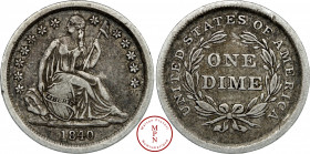 Dime, 1840, Philadelphie, Av. La Liberté assise et tenant un bouclier sur lequel est inscrit LIBERTY, Rv. UNITED STATES OF LIBERTY / ONE DIME, Argent,...