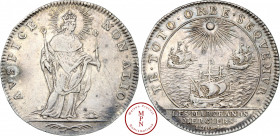 Louis XIV (1643-1715), Les Marchands Merciers, Jeton, 1704 Av. AVSPICE NON.ALLO., Louis XIV debout à droite en majesté, tenant la main de Justice et l...