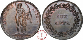 Louis XVI (1774-1792), Lycée des Arts, Médaille, 1792, Paris, Av. LYCEE DES ARTS / 1792. Apollon nu, debout, tenant un arc près d'un piquet de bois su...