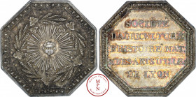 Consulat (1799-1804), Société des Arts Utiles de Lyon, Jeton, Chavanne, (1802), Lyon, Av. Soleil rayonnant au visage humain dans une couronne de vigne...