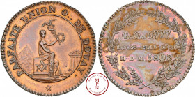 Consulat (1799-1804), Orient de Douai, La parfaite Union, Jeton, Francs-Maçons, 1803, Douai, Av. PARFAITE UNION O :. DE DOUAY *, Femme assise sur un a...