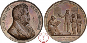 Louis-Philippe (1830-1848), Établissement des écoles primaires, Médaille, 1833, Paris, Av. LOUIS PHILIPPE Ier ROI DES FRANÇAIS, Buste habillé d'une re...