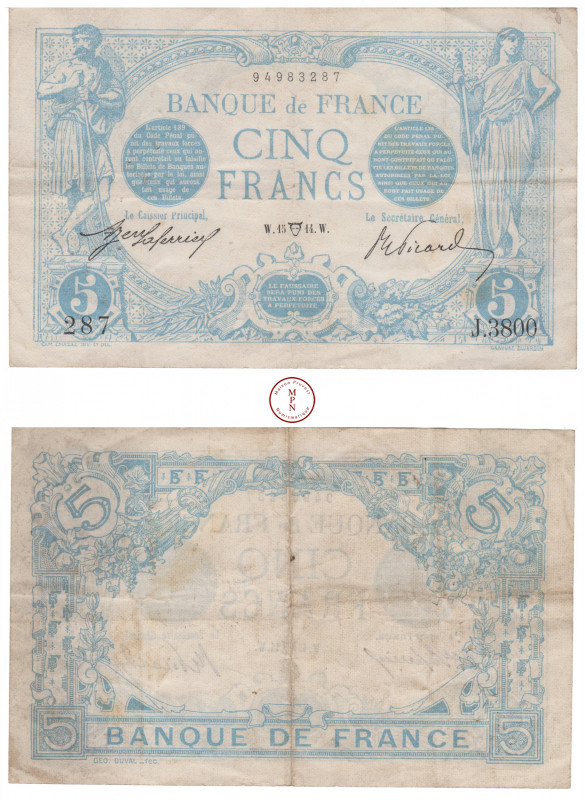 Troisième République (1870-1940), Banque de France, 5 Francs BLEU, type 1905, 15...