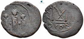Heraclius, with Martina and Heraclius Constantine AD 610-641. From the Tareq Hani collection. Contemporary imitation of a Constantinople mint issue. F...