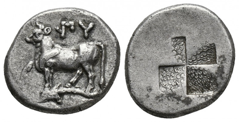 Greek
Thrace Byzantion AR Drachm, c. 387/6-340 BC
ΠΥ, Bull standing on dolphin...