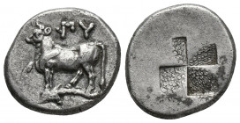 Greek
Thrace Byzantion AR Drachm, c. 387/6-340 BC
ΠΥ, Bull standing on dolphin left, trident head below raised foreleg.  Quadripartite incuse square...