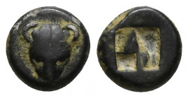 Greek
Cimmerian Bosporos, Pantikapaion AR Obol. Circa 480-470 BC. Facing lion’s head / Quadripartite incuse square.
Weight:0.8 g Diameter: 8 mm