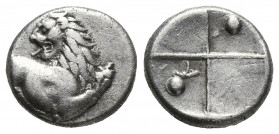 Greek
Thracian Chersonesos, 'Kardia' AR Hemidrachm. Circa 357-320 BC. Forepart of lion to right, head reverted / Quadripartite incuse square with alte...