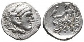 Greek
Kingdom of Macedon, Antigonos I Monophthalmos AR Drachm. In the name and types of Alexander III. Kolophon, circa 310-301 BC. Head of Herakles to...