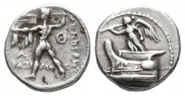 Greek
Kingdom of Macedon, Demetrios I Poliorketes AR Hemidrachm. Tarsos, circa 298-295 BC. Nike standing left on prow left, blowing trumpet and cradli...