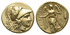 Greek
Macedonian Kingdom. Alexander III 'the Great'. Gold Stater , 336-323 BC. Miletos, under Philip III, ca. 323-319 BC. Helmeted head of Athena rig...