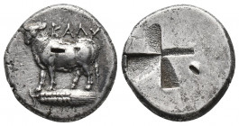 Greek
BITHYNIA. Kalchedon. Circa 340-320 BC. AR Drachm or siglos KAΛX Bull standing to left on a grain ear. Rev. Quadripartite incuse square.Very fine...