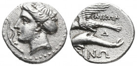 Greek
PAPHLAGONIA, Sinope. Circa 330-300 BC. AR Drachm NIKΩ–, magistrate. Head of nymph left, with hair in sakkos; aphlaston before / Sea eagle on dol...
