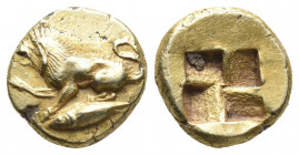 Greek
MYSIA, Kyzikos. Circa 550-450 BC. EL Hekte – Sixth Stater . Lion seated left, raising forepaw, on tunny left / Quadripartite incuse square. Good...