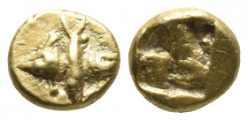 Greek 
MYSIA. Kyzikos. EL Hemihekte or 1/12 Stater Circa 600-550 BC.Obv: Tunny right; above, tail of tunny left; below, head of tunny left. Quadripart...