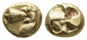 Greek 
Mysia, Kyzikos EL Hekte. Circa 600-550 BC. Head of griffin to left, eating head of tunny fish Quadripartite incuse square (rare case).Very fine...