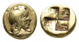 Greek
Mysia, Kyzikos EL Hemihekte - 1/12 Stater. Circa 450-400 BC. Head of Attis facing right, wearing ornamented Phrygian cap; [tunny fish below] / Q...