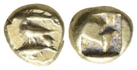 Greek
Mysia, Kyzikos EL Hekte - 1/12 Stater. Circa 600-550 BC. Bird (eagle?) standing to right on a tunny fish, a second tunny above / Quadripartite ...