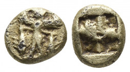 Greek
MYSIA, Kyzikos. Circa 600-550 BC. EL Hemihekte – Twelfth Stater . Winged figure standing standing left, holding two tunnies by their tail / Quad...