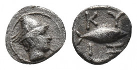 Greek
MYSIA. Kyzikos. Circa 525-475 BC. AR Tetartemorion Head of Hermes to right, wearing winged pilos. Rev. KY-ΖI Tunny to right; all within square i...