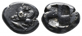 Greek
Mysia, Kyzikos EL Stater. Circa 500-450 BC.(fourre)  Winged dog seated to left, head reverted to right; tunny fish to left below / Quadripartit...