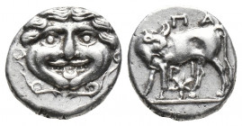 Greek
MYSIA. Parion. 4th century BC. AR Hemidrachm ΠΑ/ΡΙ Bull standing left, head turned back to right; below, star. Rev. Gorgoneion facing, surrounde...