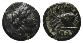 Greek
Mysia. Priapos circa 100-0 BC.Bronze Æ Laureate head of Apollo right / ΠΡΙ, crab; A above, harpa below.
Weight: 1.27 g Diameter: 11.4 mm