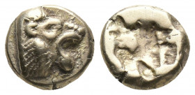 Greek
Lesbos, Mytilene EL Hekte. Circa 521-478 BC. Head of roaring lion to right / Incuse head of calf to left; rectangular punch behind.
Weight: 2.48...