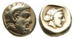 Greek
LESBOS, Mytilene. Circa 412-378 BC. EL Hekte – Sixth Stater . Head of Zeus Ammon right / Female head right, wearing stephanos, within incuse squ...
