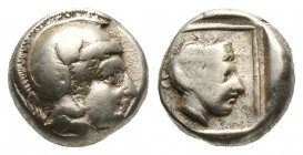 Greek
Lesbos, Mytilene EL Hekte - Circa 412-378 BC. Head of Athena to right, wearing crested Attic helmet / Head of Artemis-Kybele to right, wearing s...