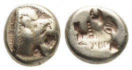 Greek
Lesbos, Mytilene EL Hekte. Circa 521-478 BC. Head of roaring lion to right / Incuse head of calf to left; rectangular punch behind.
Weight: 2....