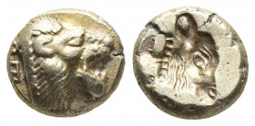 Greek
Lesbos, Mytilene EL Hekte. Circa 521-478 BC. Head of roaring lion to right / Incuse head of calf to right; rectangular punch behind. 
Weight: 2....