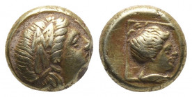 Greek
LESBOS, Mytilene. Circa 377-326 BC. EL Hekte – Sixth Stater Laureate head of Apollo right; coiled serpent behind neck / Head of Artemis right, h...