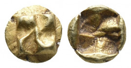 Greek
IONIA, Uncertain. Circa 625-600 BC. EL Myshemihekte – Twenty-fourth Stater . Phokaic standard. Raised clockwise swastika pattern / Quadripartite...