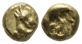 Greek
Ionia, Phokaia EL Myshemihekte - 1/24 Stater. Circa 625/0-600 BC. Head of griffin with open mouth right; pellet above / Quadripartite incuse squ...