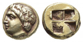 Greek
Ionia, Phokaia EL Hekte. Circa 377-326 BC. Head of Pan to left, wreathed in ivy; small seal swimming to left below / Quadripartite linear square...