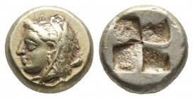 Greek
IONIA, Phokaia. Circa 387-326 BC. EL Hekte . Head of Omphale left, wearing lion's skin; club over shoulder, small seal below / Quadripartite inc...