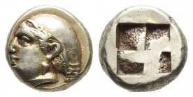 Greek
Ionia, Phokaia EL Hekte. Circa 478-387 BC. Female head left, hair in sakkos, wearing single-pendant earring; seal to right / Quadripartite incus...