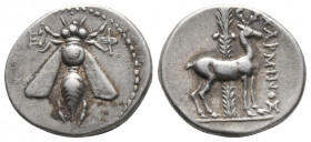 Greek
IONIA, Ephesos. Circa 202-150 BC. AR Drachm Charminos, magistrate. Bee with straight wings; E-Φ flanking head / Stag standing right; palm tree i...