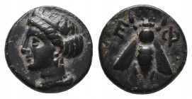 Greek
IONIA. Ephesos. Ae Circa 375-325 BC.Obv: E - Φ.Bee with straight wings.Rev: Female head Artemis left, wearing stephane.
 Weight: 1.23 g Diameter...