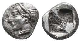 Greek
Ionia, Phokaia AR Diobol. Circa 521-478 BC. Head of nymph to left, wearing a sakkos adorned with a central band, and rosette earring / Quadripar...