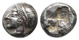 Greek
Ionia, Phokaia AR Diobol. Circa 521-478 BC. Head of nymph to left, wearing a sakkos adorned with a central band, and rosette earring / Quadripar...
