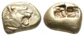 Greek
KINGS of LYDIA. temp. Alyattes – Kroisos. Circa 620/10-550/39 BC. EL Trite – Third Stater Sardes mint. Head of roaring lion right, "sun" with fi...