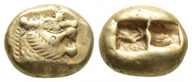 Greek
KINGS of LYDIA. temp. Alyattes – Kroisos. Circa 620/10-550/39 BC. EL Trite – Third Stater Sardes mint. Head of roaring lion right, "sun" with fi...