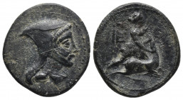 Greek
LYDIA. Hierocaesarea. Ae 1st century BC .Obv: Head right, wearing tiara.Rev: Artemis kneeling on stag; monogram behind.
 Weight: 6 g Diameter: 2...